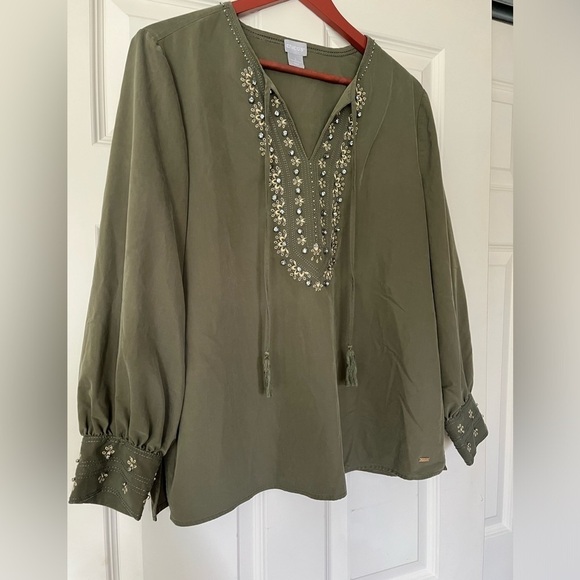CHICO'S Embellished Peasant Blouse Fern Green Chico’s sz 2 US Women’s 12/14 - Picture 2 of 15